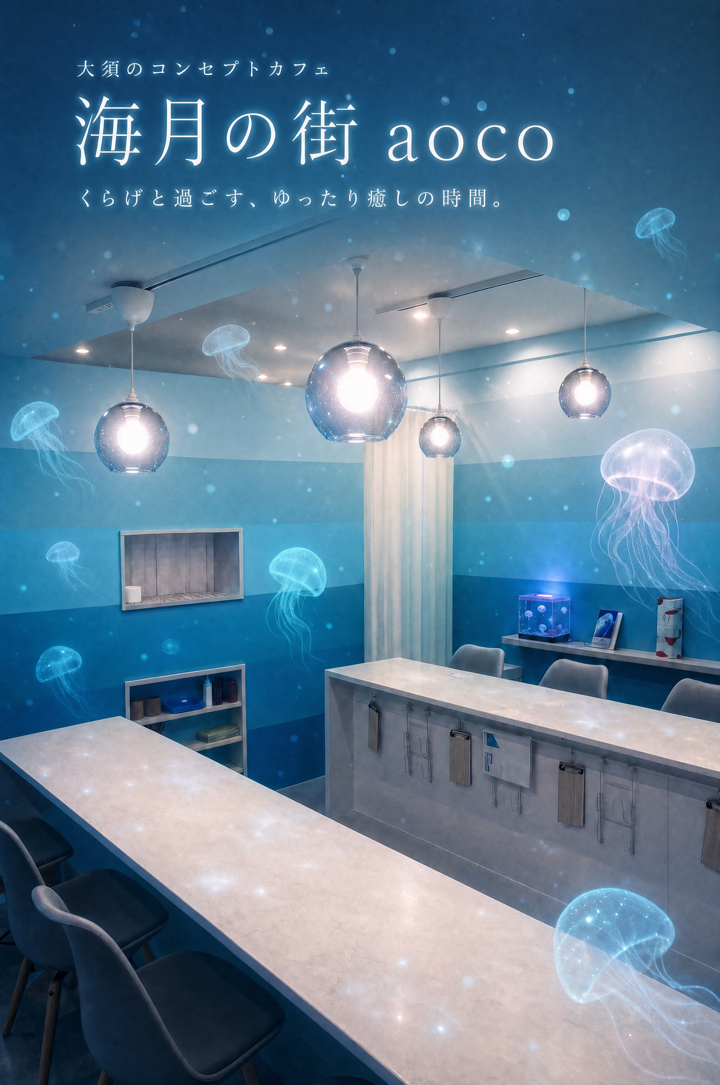 海月の街 aoco 店内。青のグラデーション壁とくらげが漂う幻想的な空間