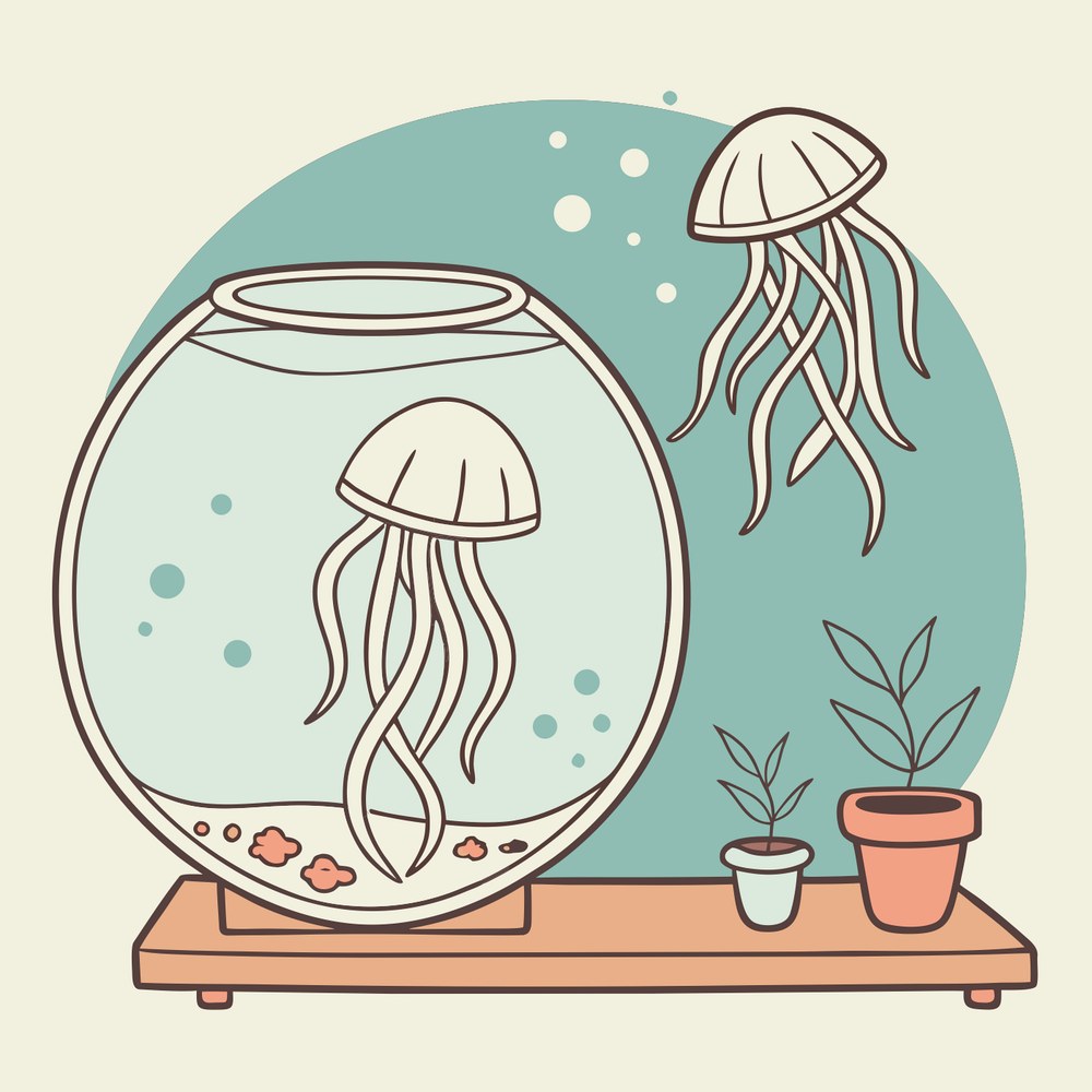 水槽の中を漂うくらげのイラスト